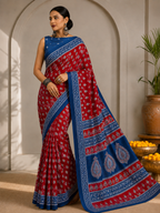 Block Printed Mulmul Saree with Leaf Motifs and Contrast Border