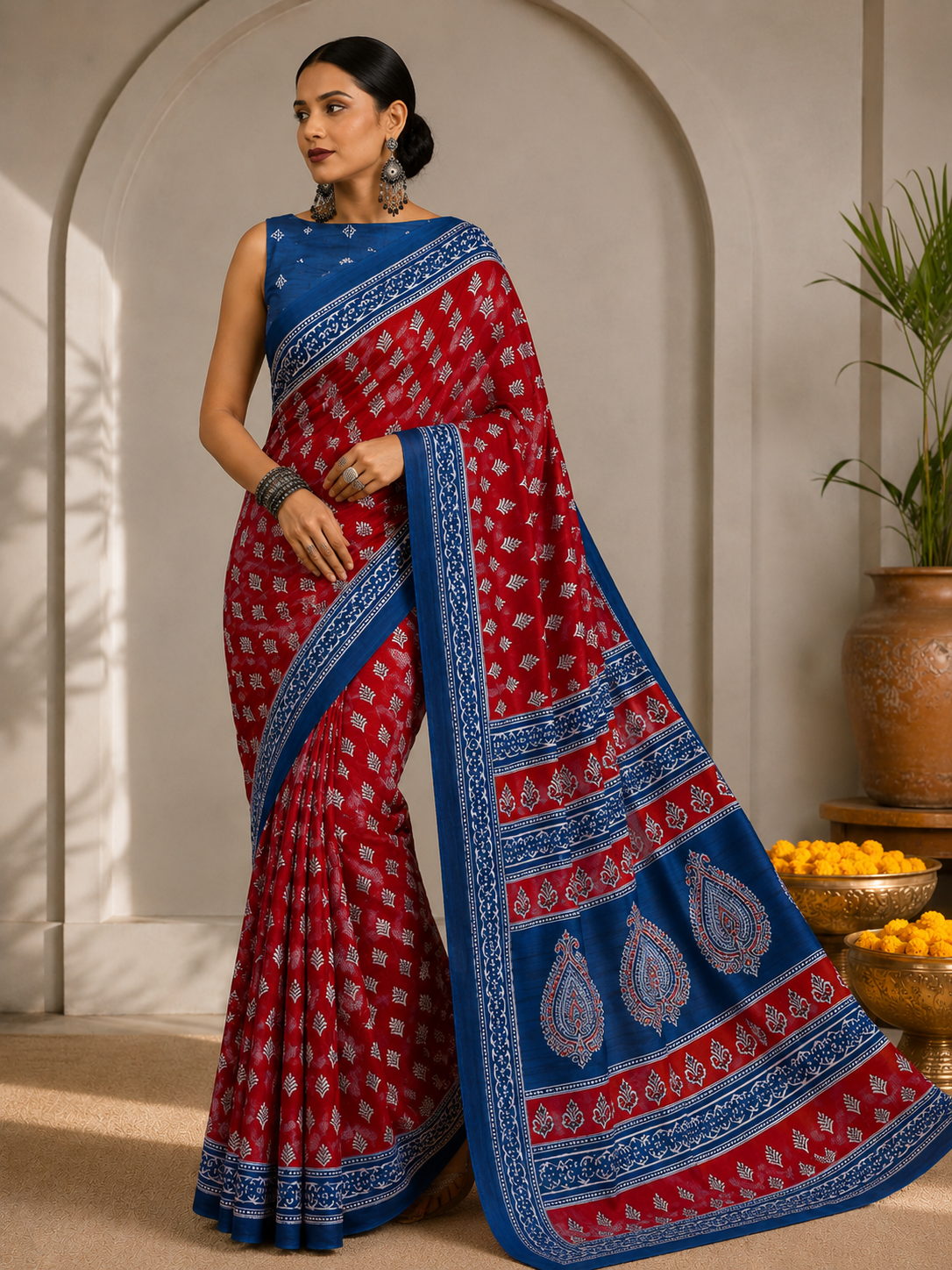Block Printed Mulmul Saree with Leaf Motifs and Contrast Border
