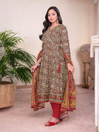 Printed Cotton Anarkali Kurta Set With Handwork on The Neckline
