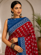 Block Printed Mulmul Saree with Leaf Motifs and Contrast Border