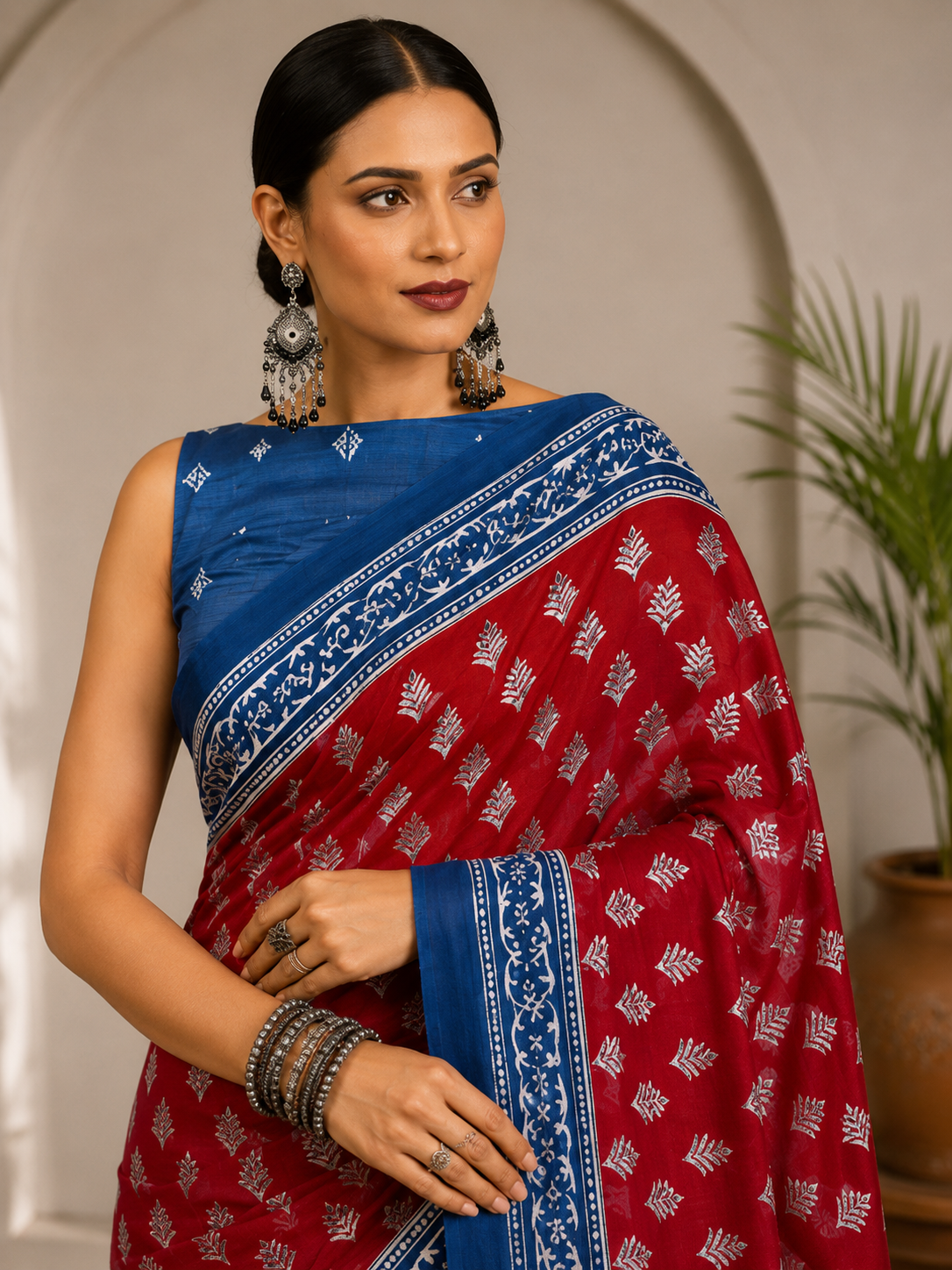 Block Printed Mulmul Saree with Leaf Motifs and Contrast Border
