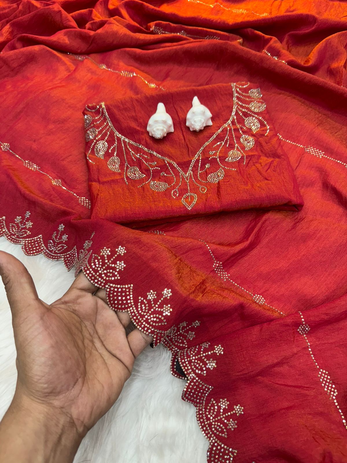 Two-Tone Chocolate Saree with Diamond Panel Handwork and All-Over Cutwork