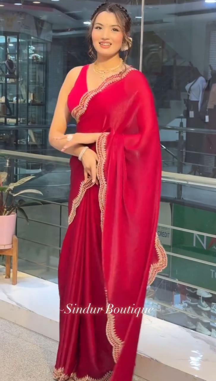Two-Tone Satin Saree with Exquisite Diamond Cutwork Border