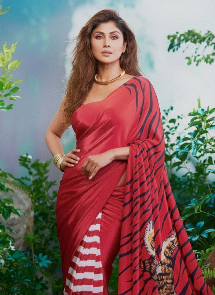 Red Silk Crepe Designer Saree with Tiger Print Pallu and Striped Pleats