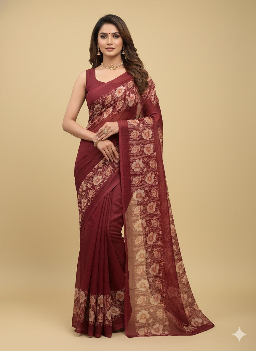 Elegant Floral Border Print Georgette Border Saree