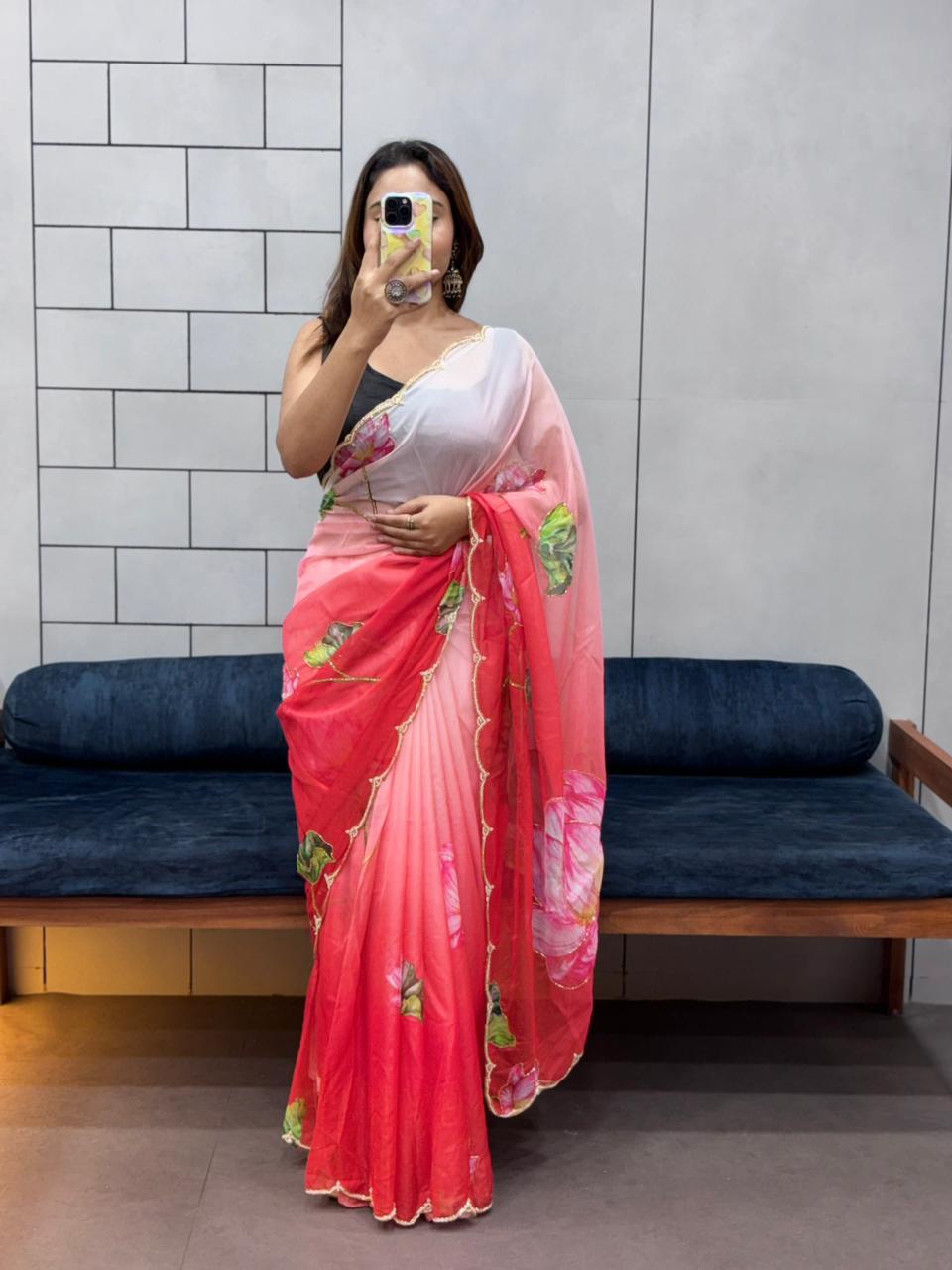 Celebrity Style Tabi Organza Saree with Padded Florals and Cut Dana Hand Work