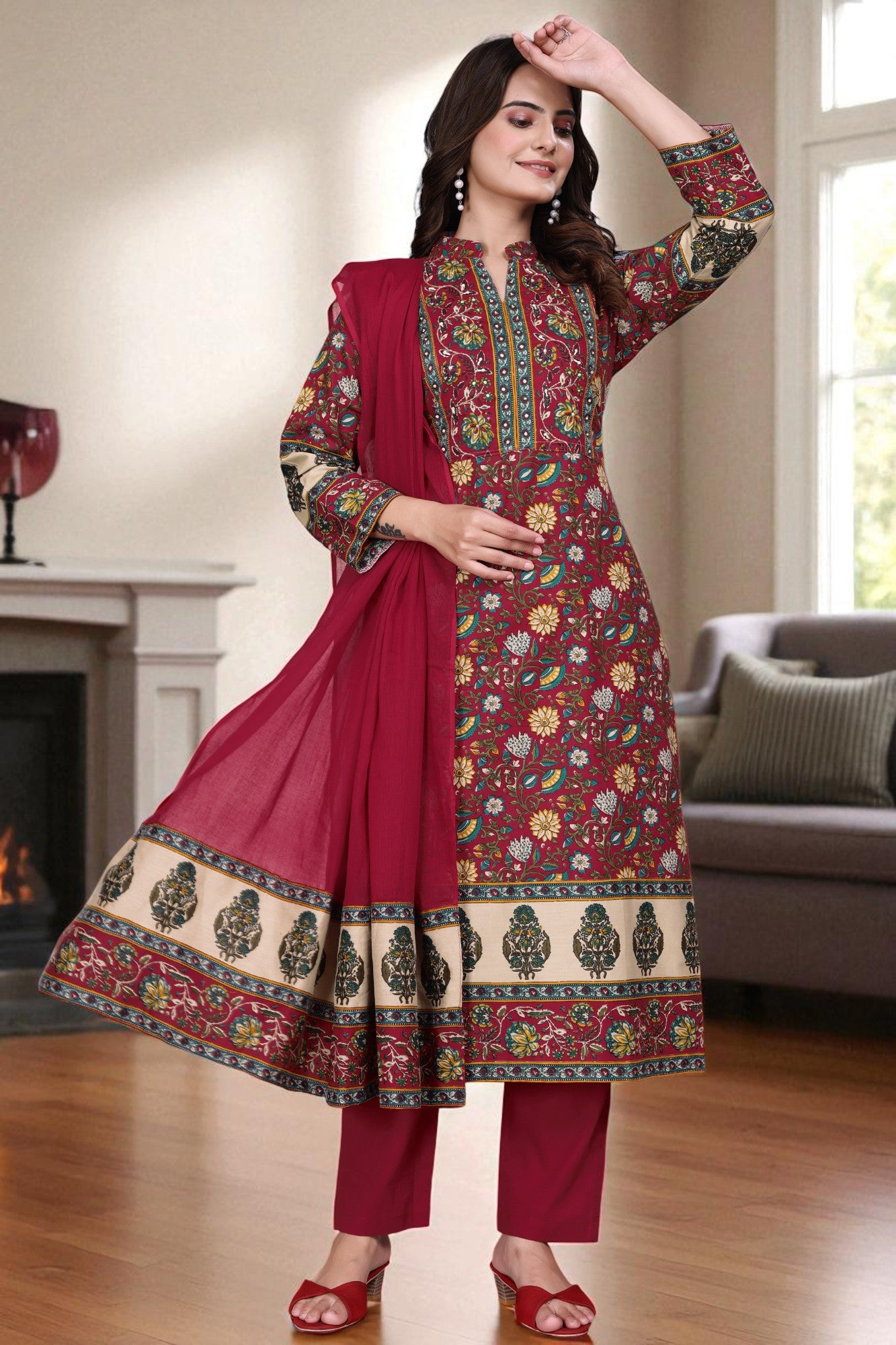Women's Cotton Floral Printed Kurta Set with Dupatta