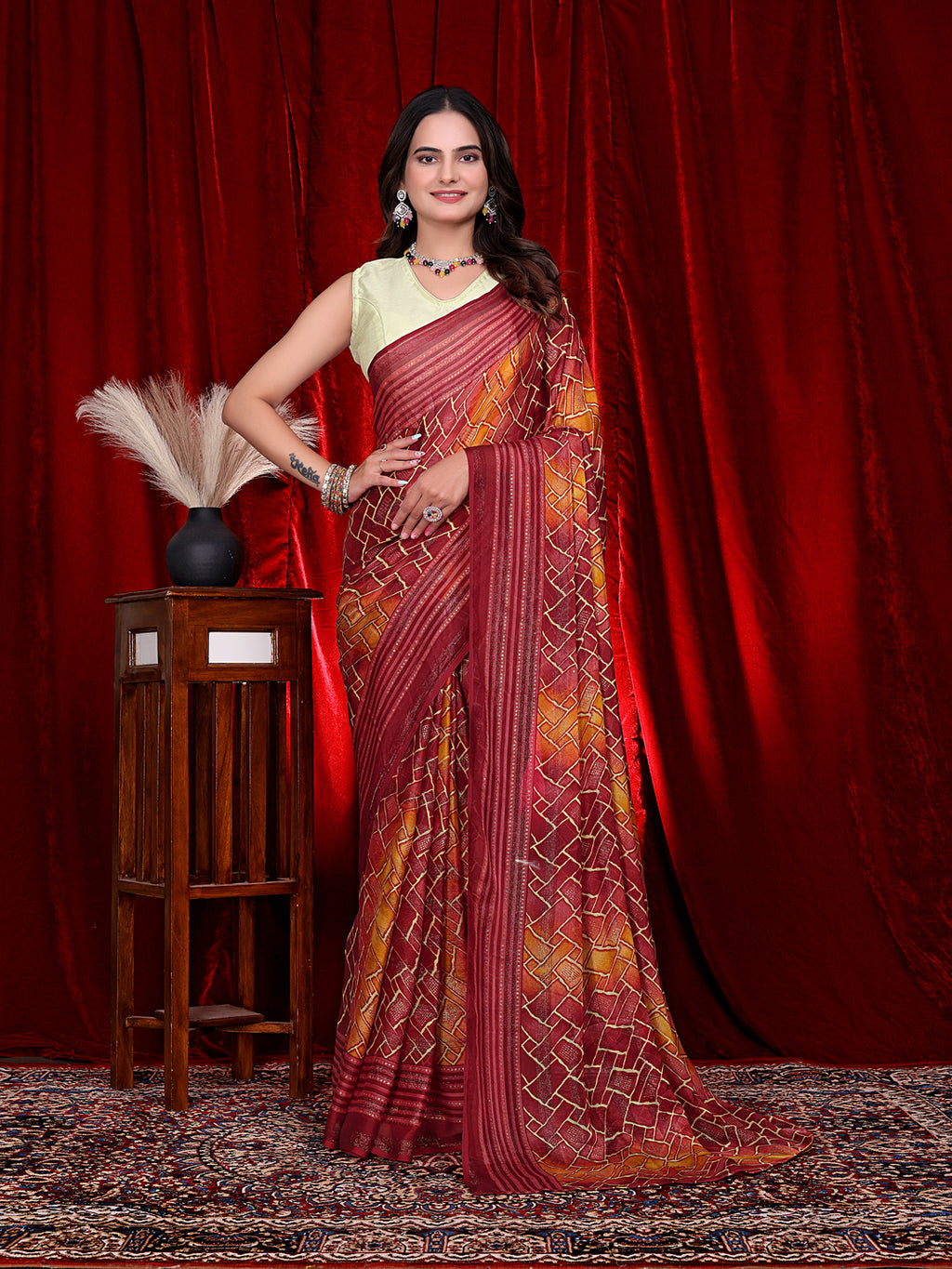 Heavy Chiffon Color Block Printed Ready-to-Wear Saree