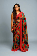 Abstract Printed Chiffon Saree With Border Siroski Diamond Work