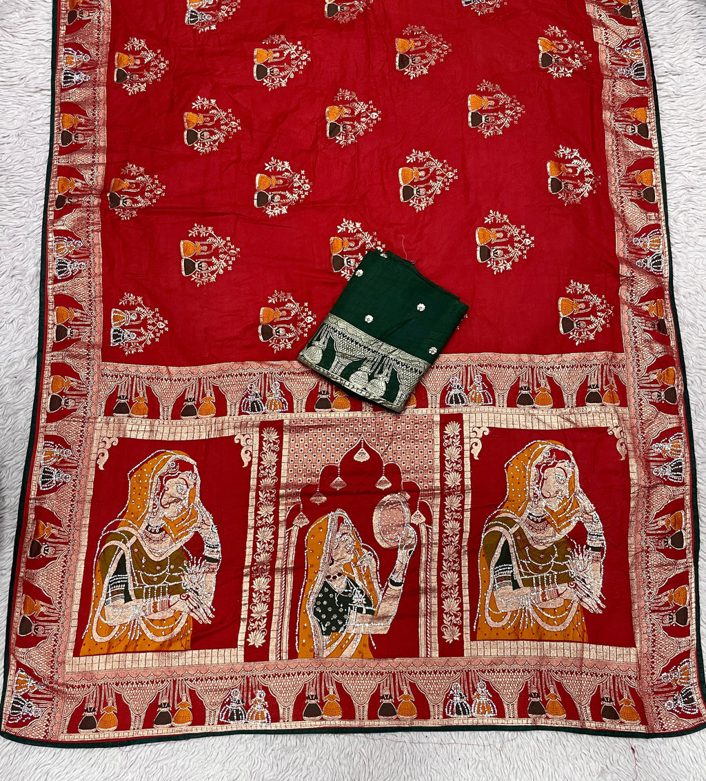 Dola silk Hand Deying Mena with Zarkhan Work Saree
