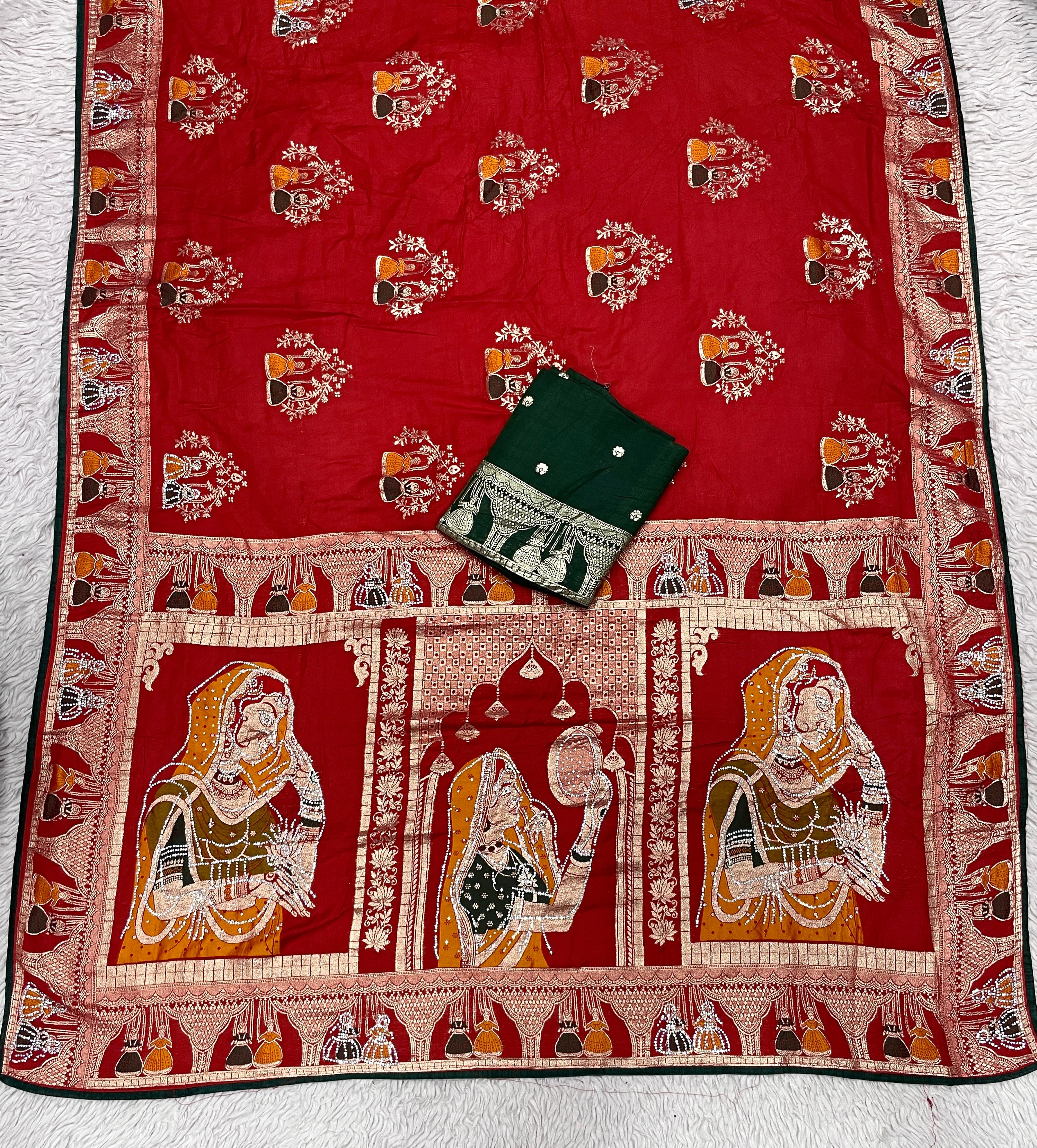 Dola silk Hand Deying Mena with Zarkhan Work Saree