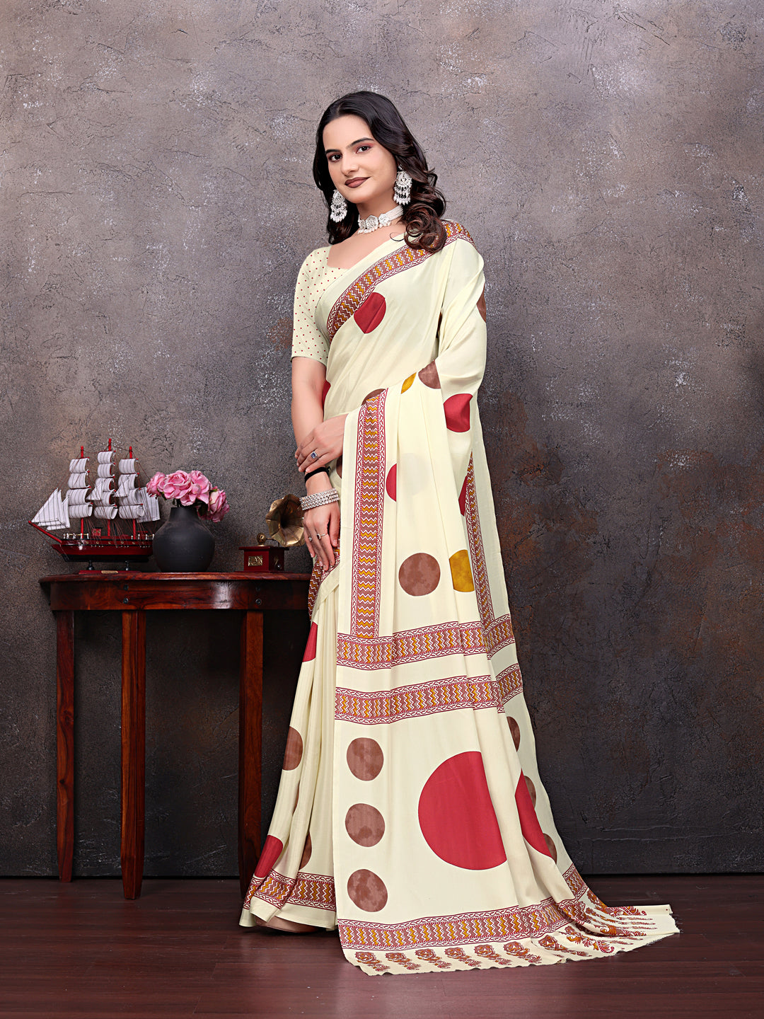 Crepe Silk Casual Wear Cream Color  Saree