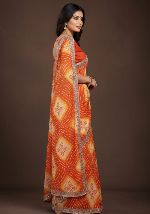 Bandhani Printed Chiffon Saree with Embroidered Border - Pionex Fab
