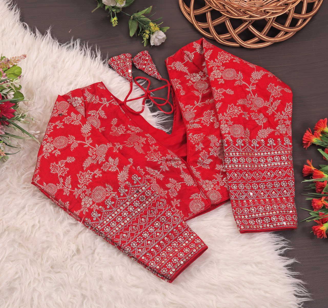 Pure Dola Silk Jacquard Embroidered Blouse