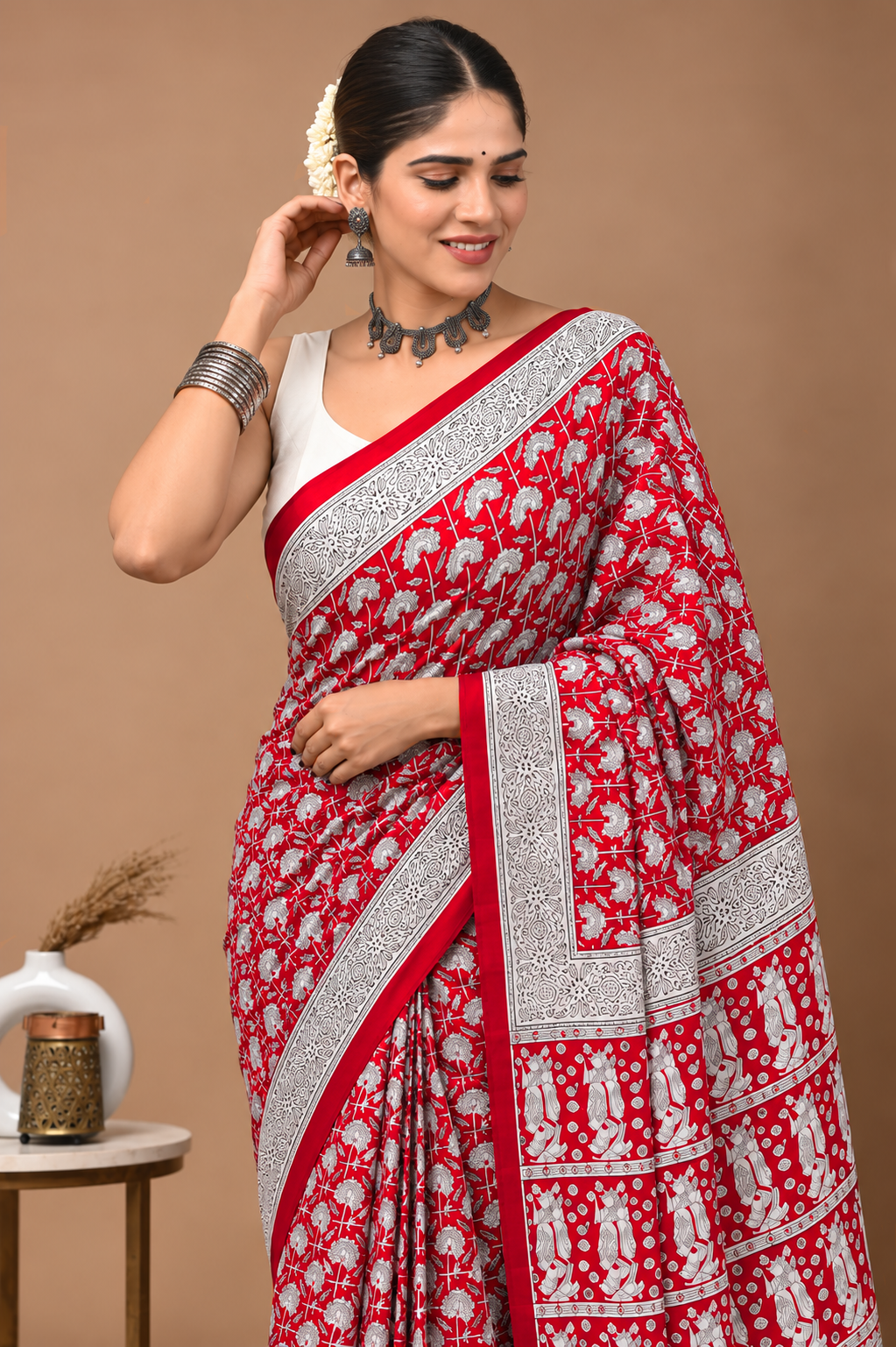 Women’s Mul Cotton Ready To Wear Saree with Floral Printed Pattern