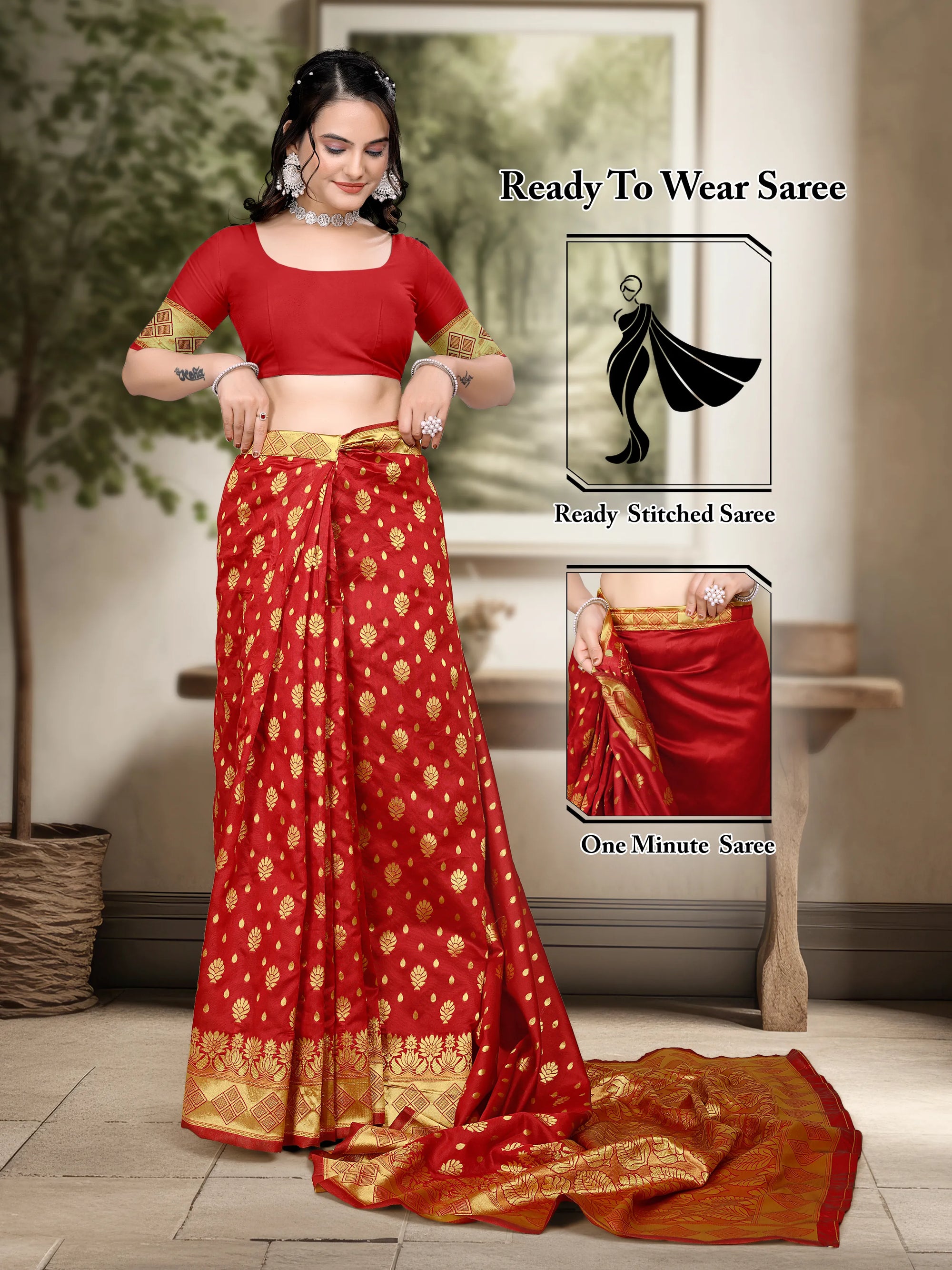 Ready to Wear Woven Banarasi Jacquard Pure Silk Saree
