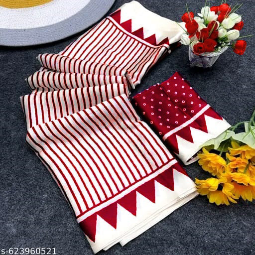 Crepe Silk Saree with Contemporary Geometric Stripes & Traditional Bandhani Print