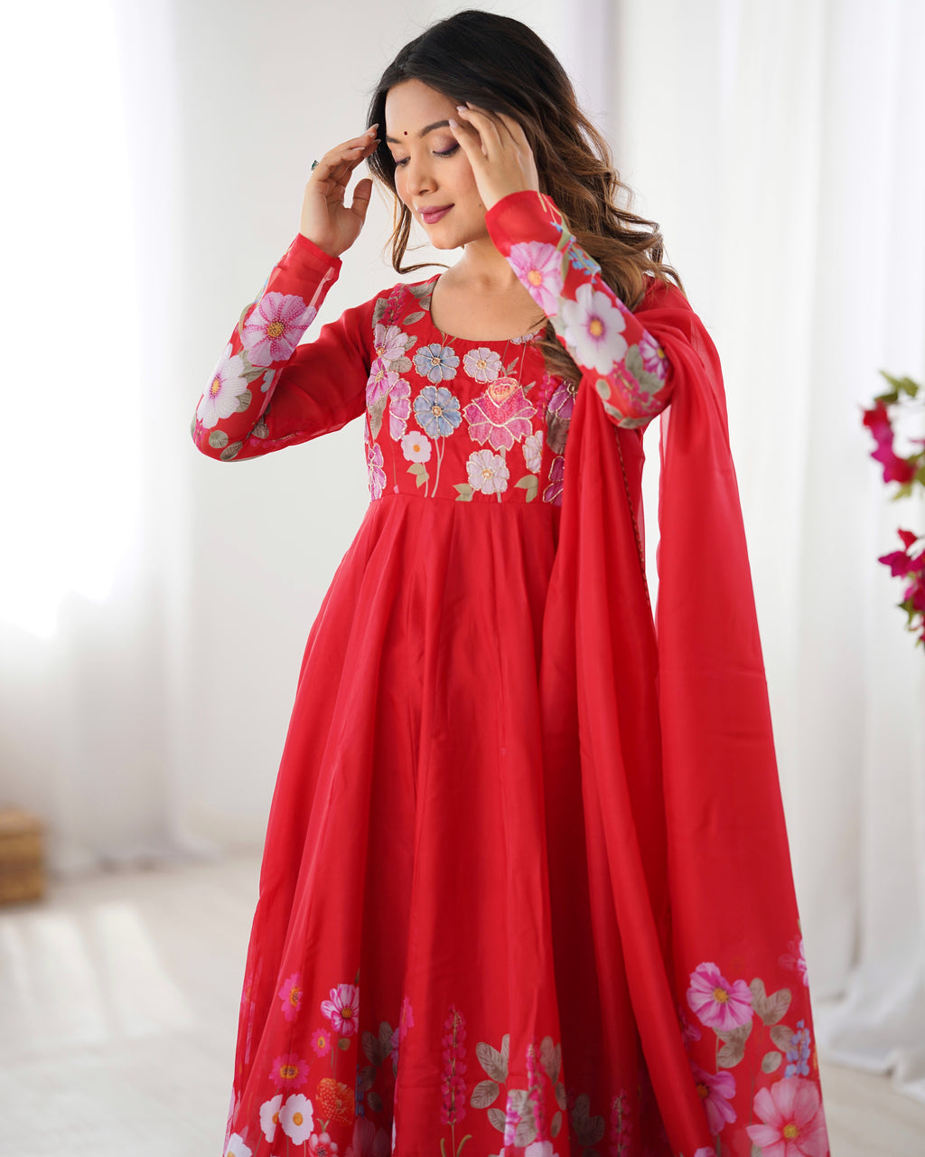 Women Floral Printed Organza Silk Flared Anarkali Kurta Set