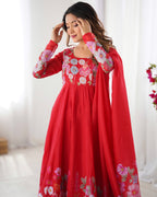Women Floral Printed Organza Silk Flared Anarkali Kurta Set