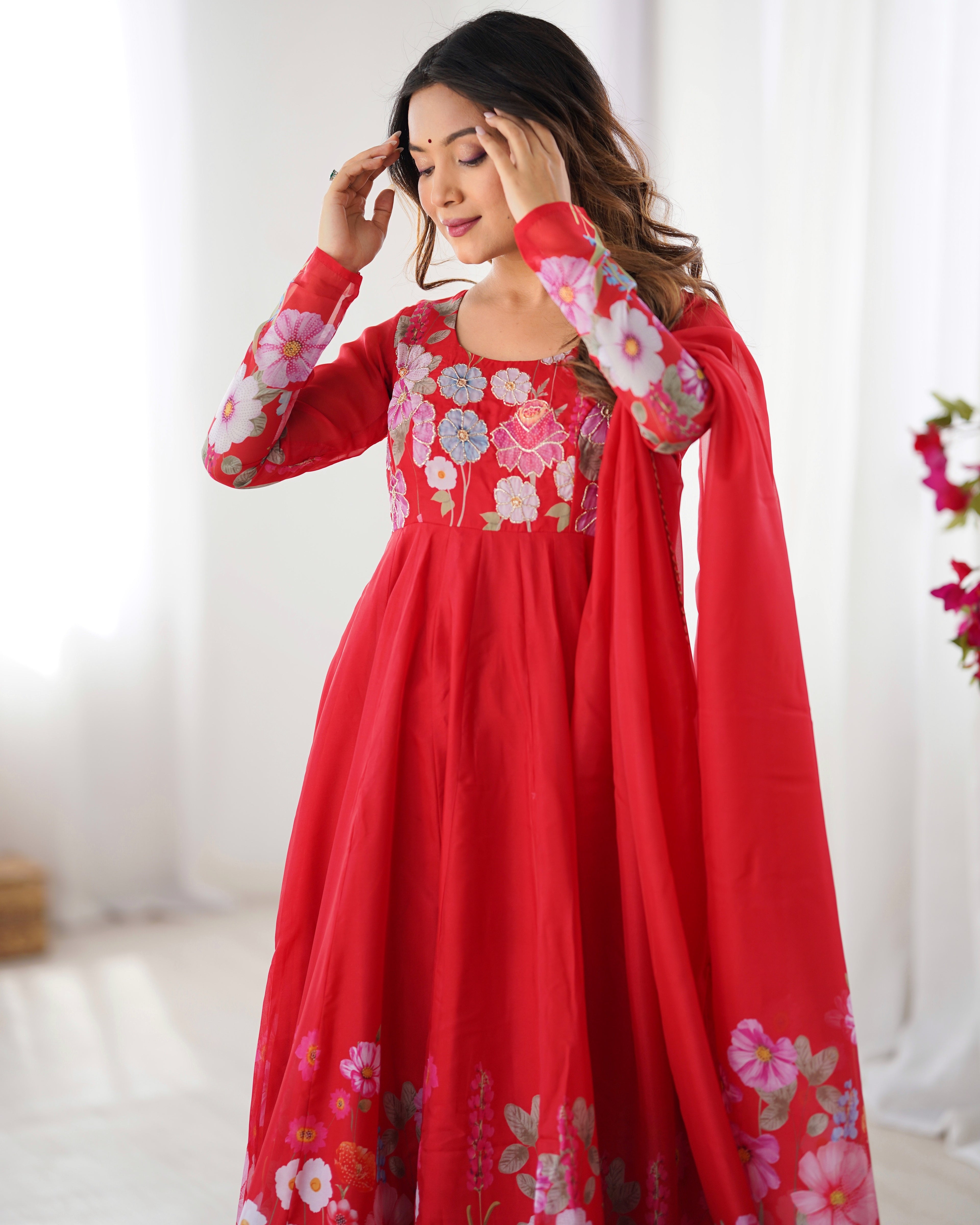 Women Floral Printed Organza Silk Flared Anarkali Kurta Set