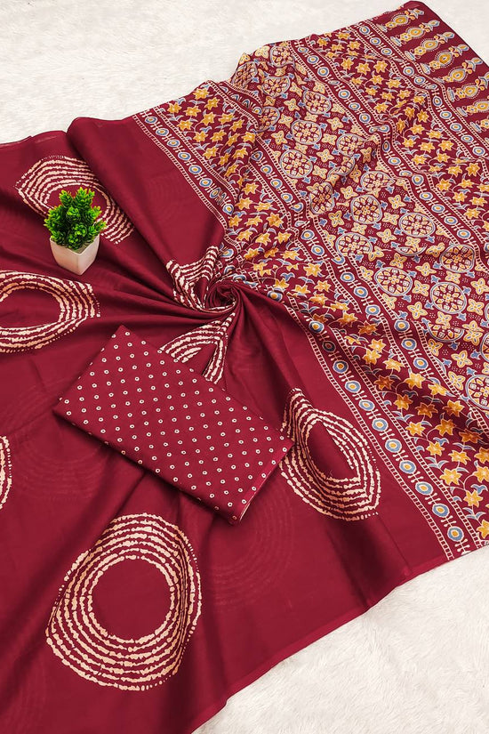Ajrakh Bandhej Printed Mulmul Cotton Saree for Woman
