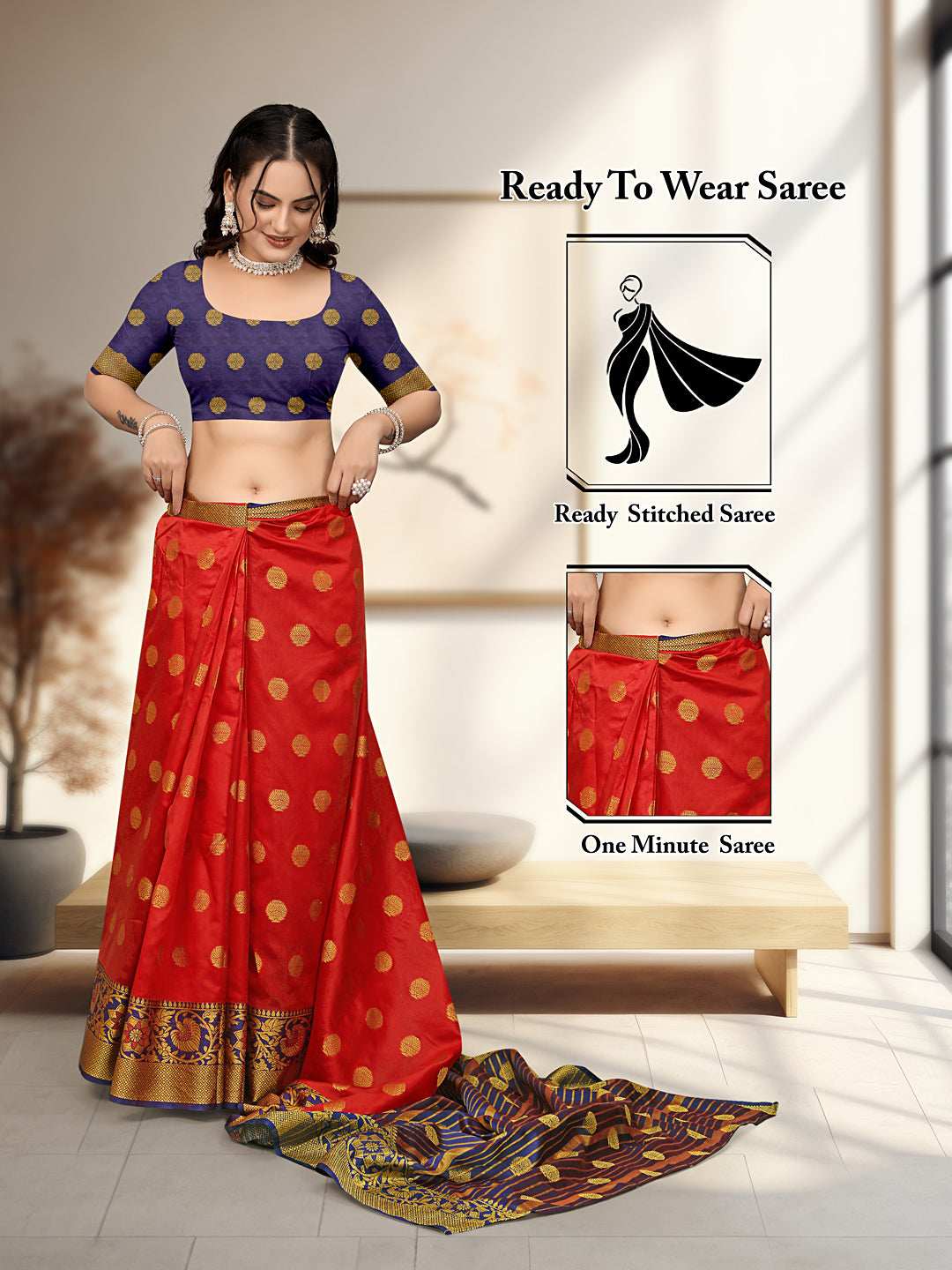 Ready To Wear Cotton Silk Woven Zari Jacquard Banarasi Traditional Saree