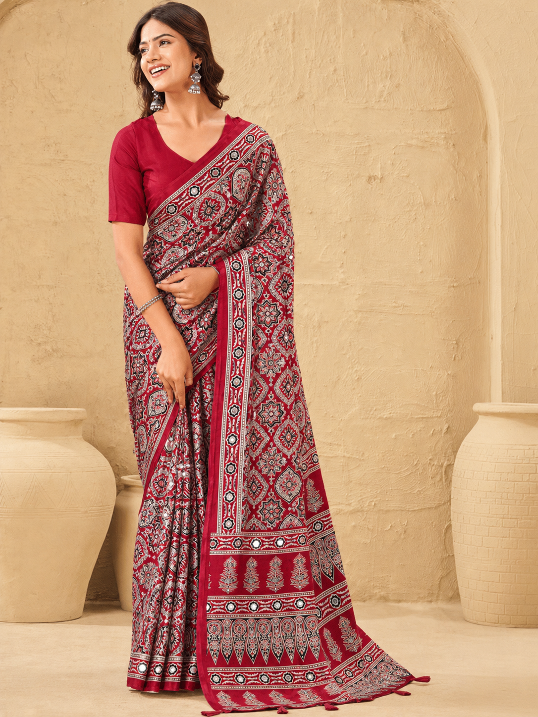 Silk Crepe Printed Saree with Attached Real Mirror Work & Matching Blouse Piece - Pionex Fab