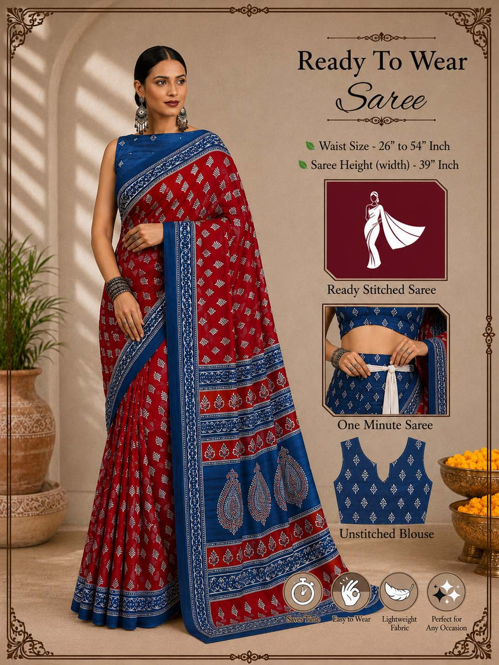 Ready to Wear Jaipuri Mul Cotton Geometric Printed Saree for Women - Red