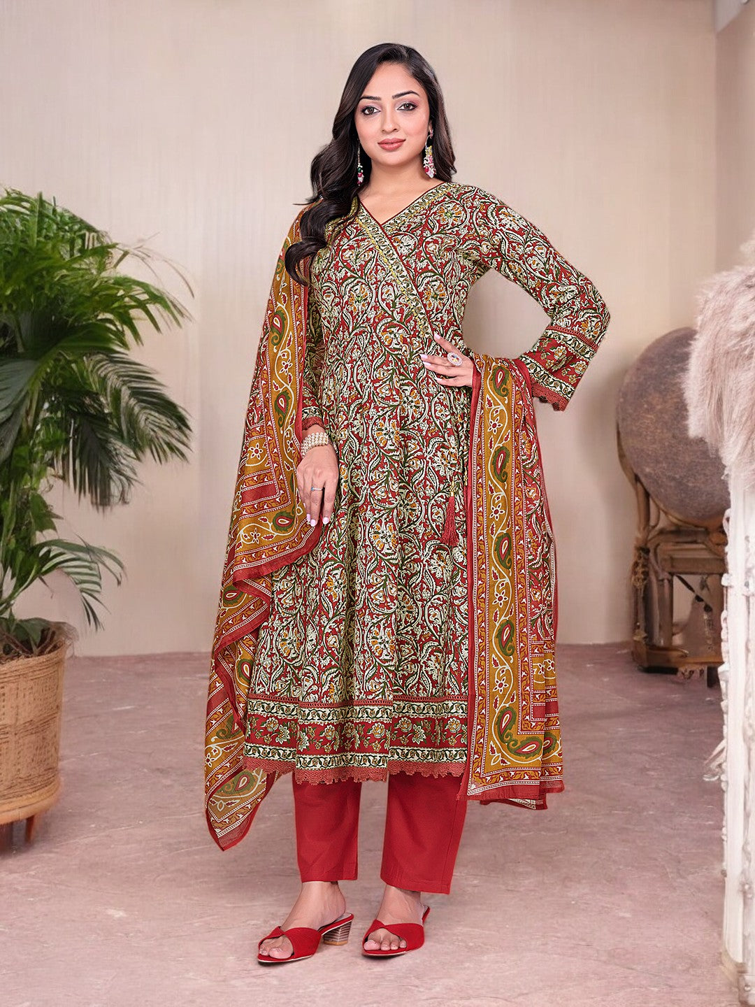 Printed Cotton Anarkali Kurta Set With Handwork on The Neckline