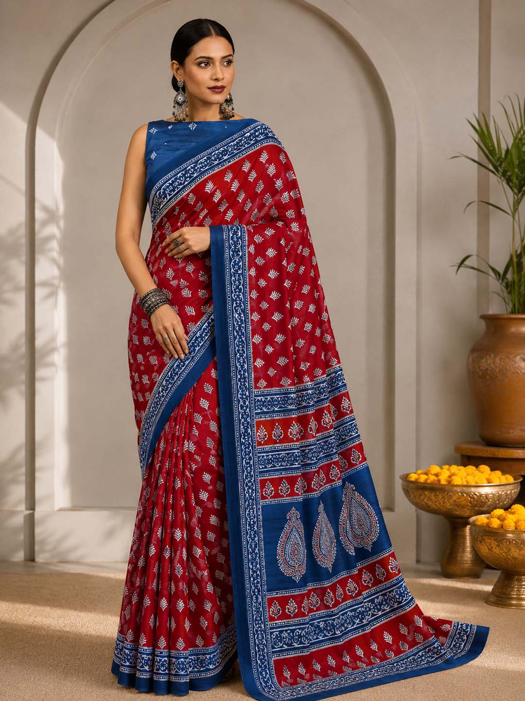 Ready to Wear Jaipuri Mul Cotton Geometric Printed Saree for Women