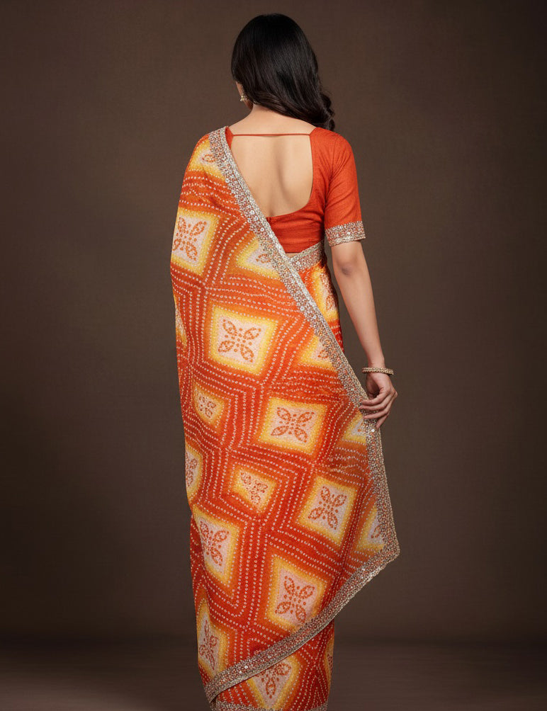 Bandhani Printed Chiffon Saree with Embroidered Border