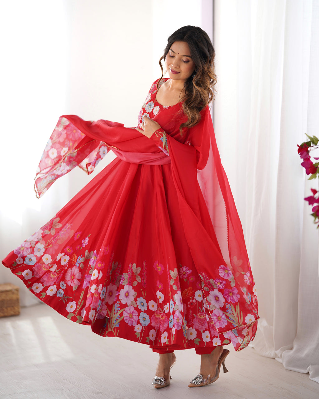 Women Floral Printed Organza Silk Flared Anarkali Kurta Set