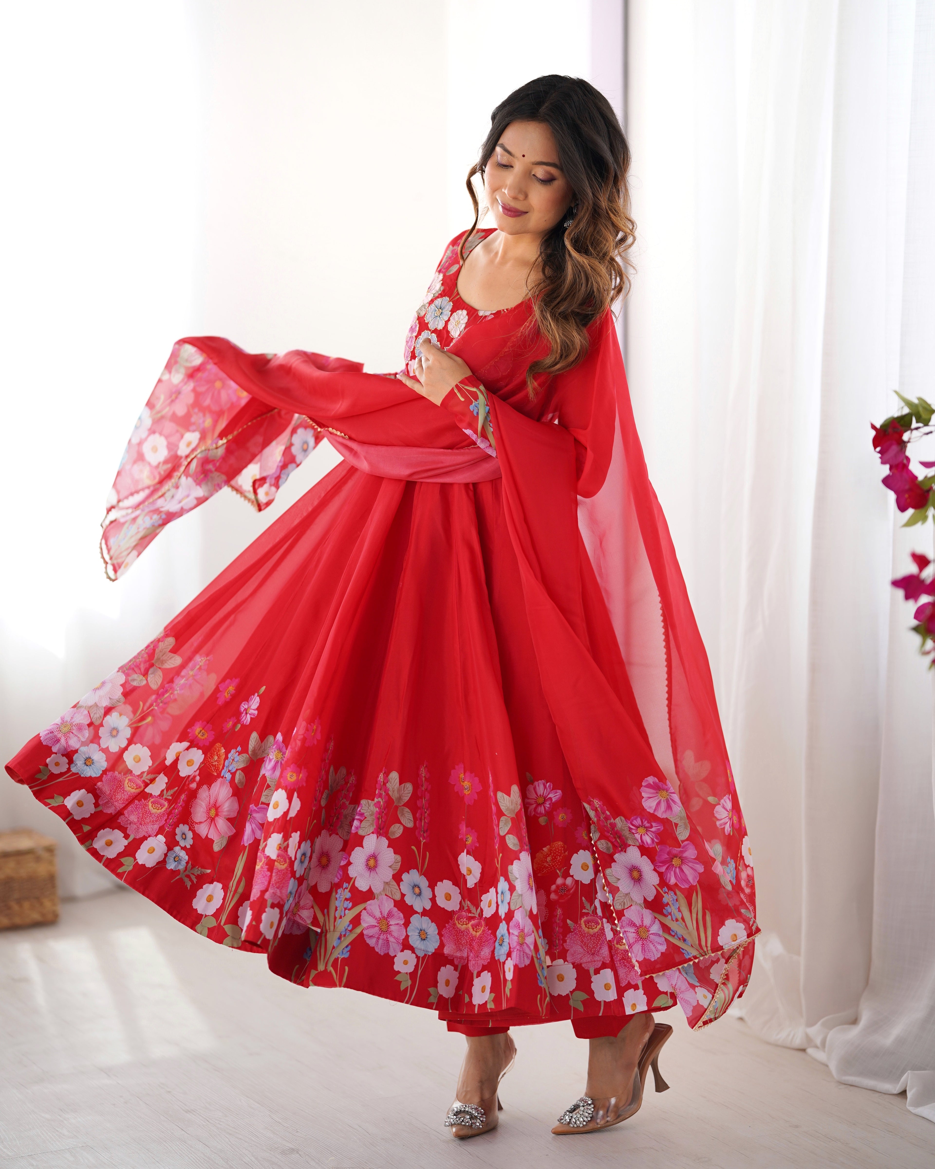 Women Floral Printed Organza Silk Flared Anarkali Kurta Set