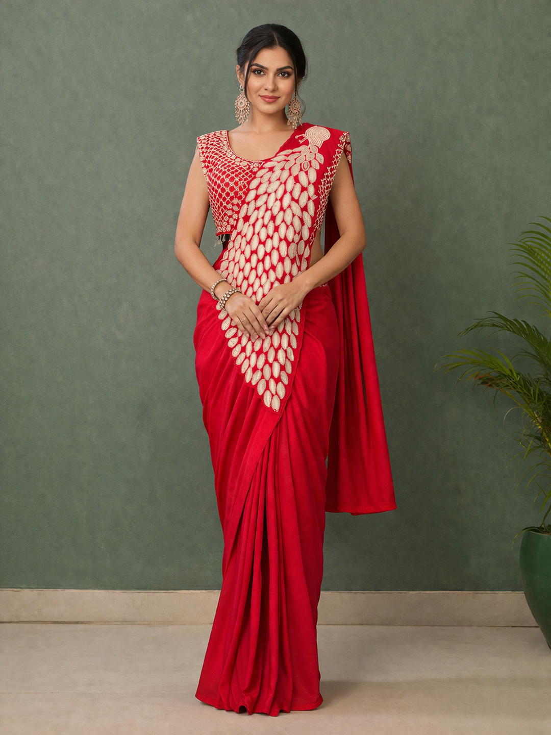 Ready to Wear Silk Crepe Saree with Heavy Embroidery Sequence Work Stitched Blouse
