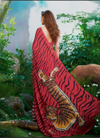Red Silk Crepe Designer Saree with Tiger Print Pallu and Striped Pleats