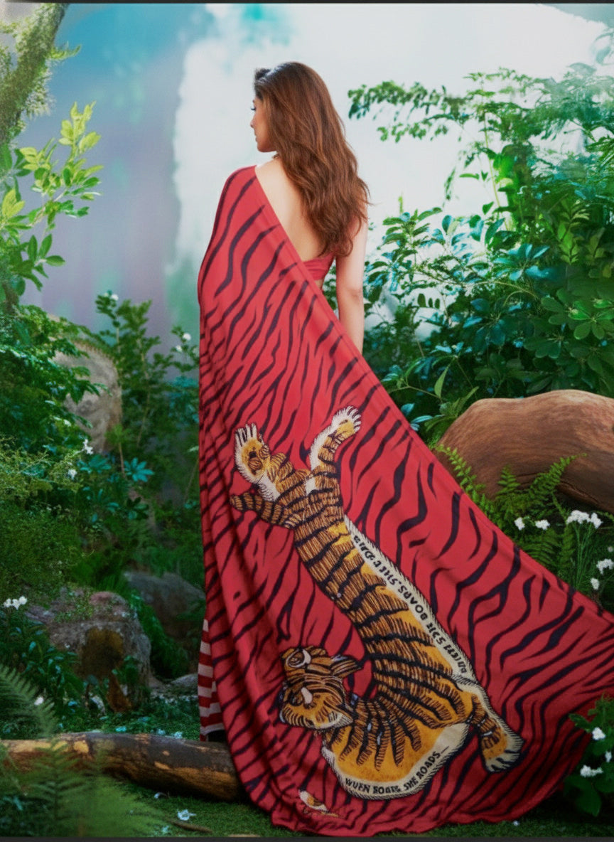 Red Silk Crepe Designer Saree with Tiger Print Pallu and Striped Pleats