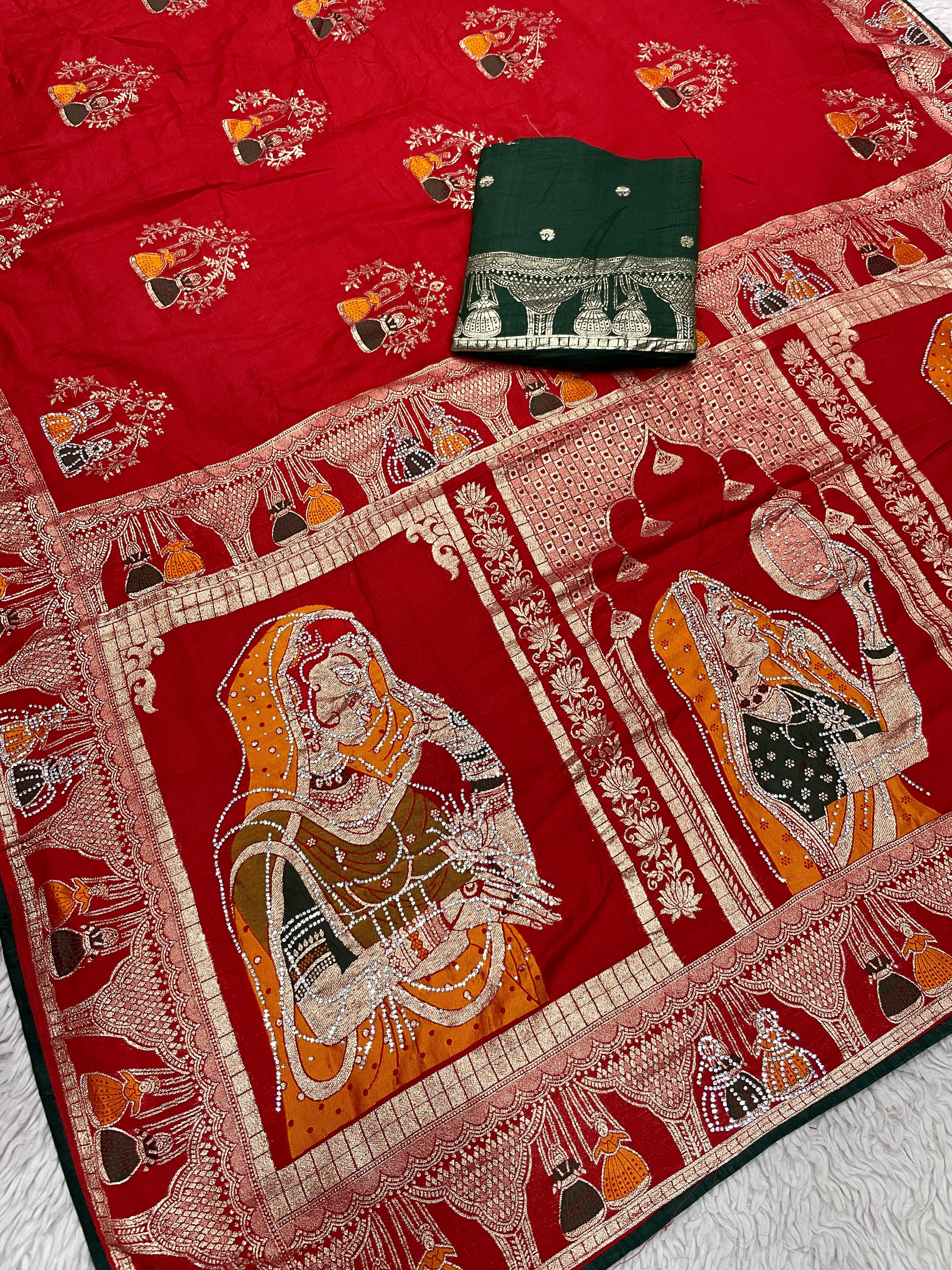 Dola Silk Hand Deying Mena with Zarkhan Work Saree