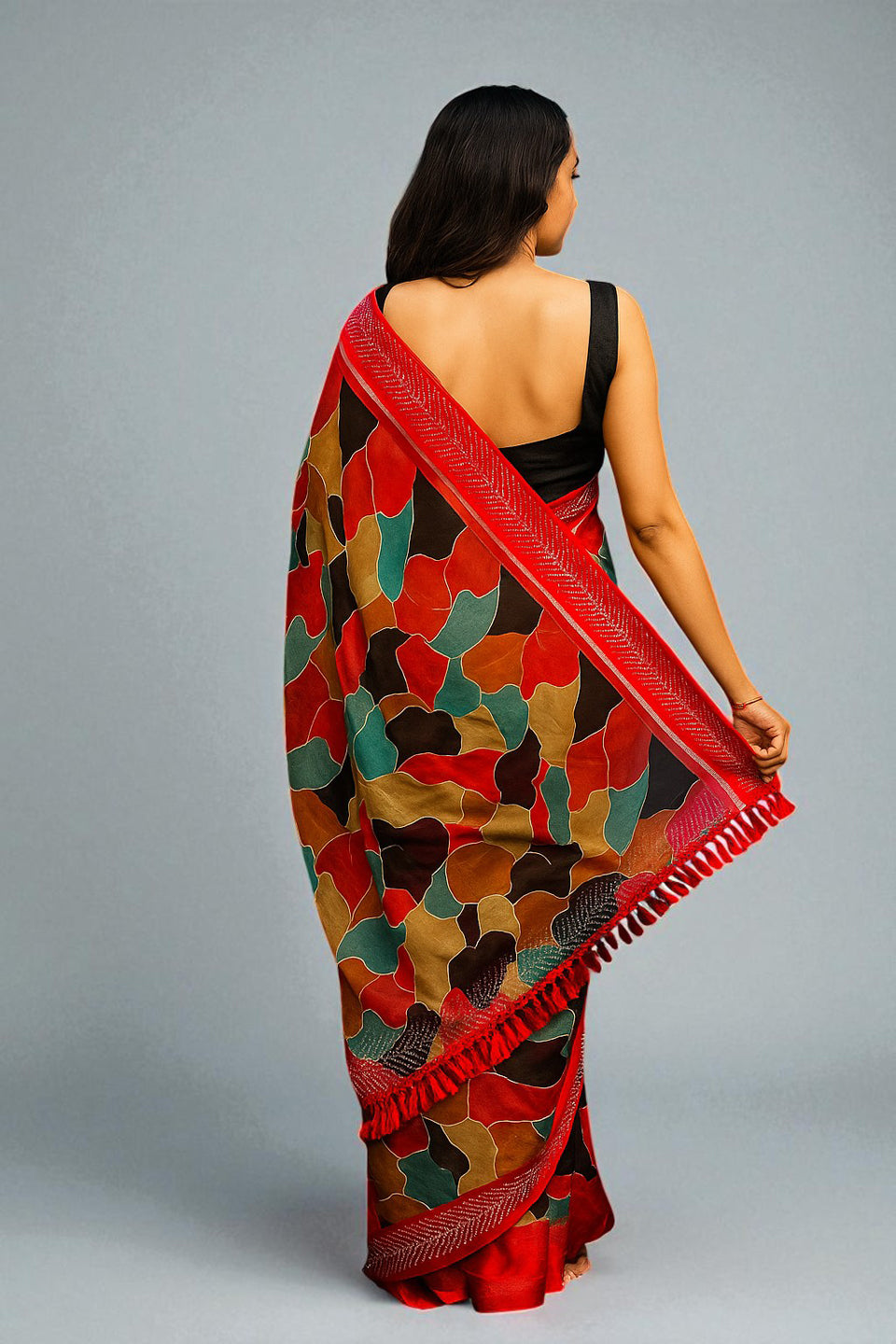 Abstract Printed Chiffon Saree With Border Siroski Diamond Work