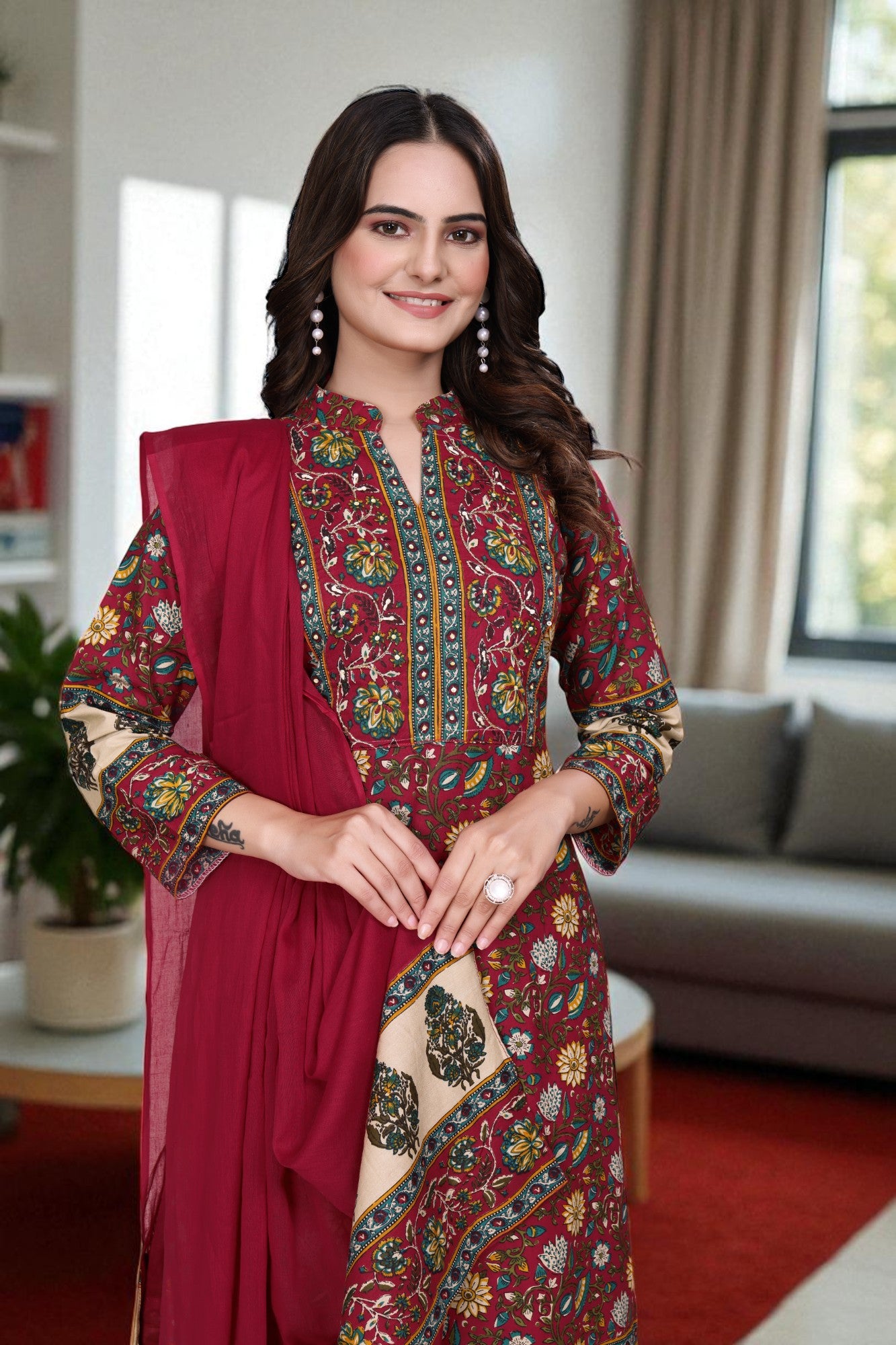 Women's Cotton Floral Printed Kurta Set with Dupatta