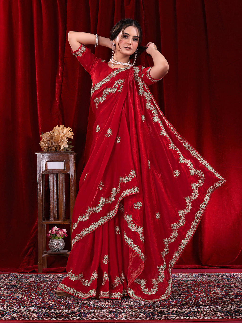 Traditional Embroidered Satin Silk Saree