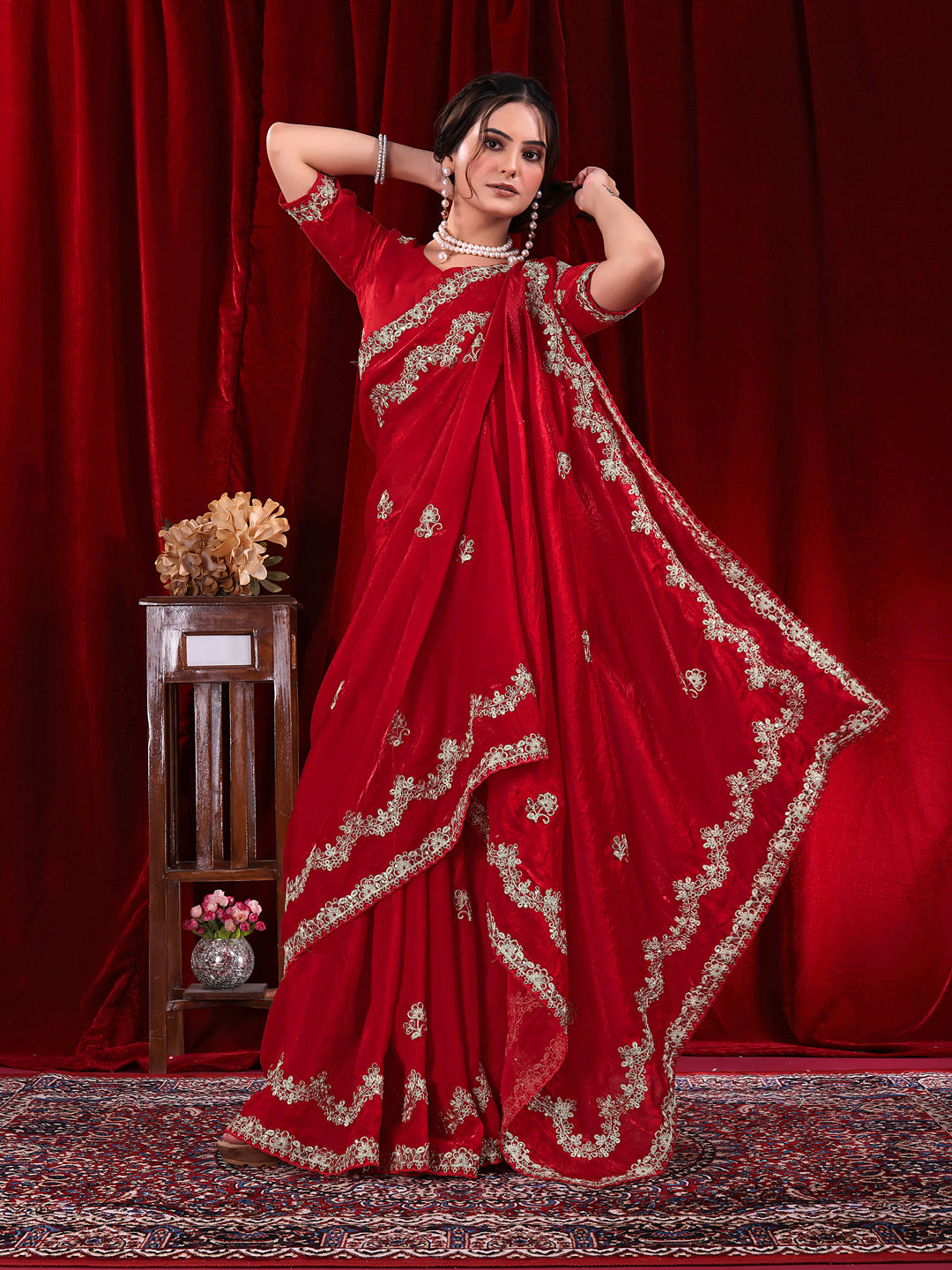 Traditional Embroidered Satin Silk Saree