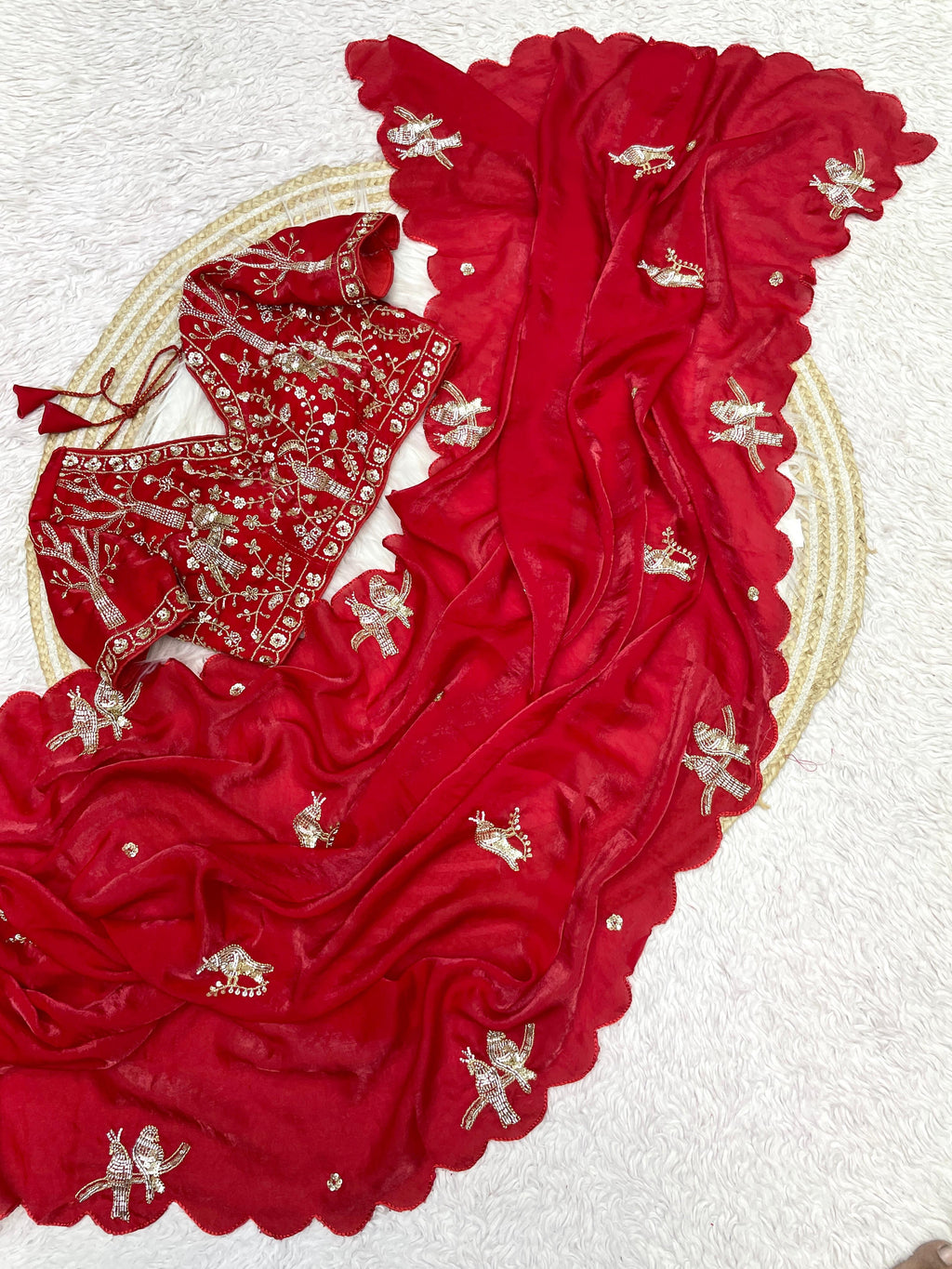 Satin Saree with Heavy Beaded Work and Stitched Blouse
