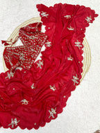 Satin Saree with Heavy Beaded Work and Stitched Blouse