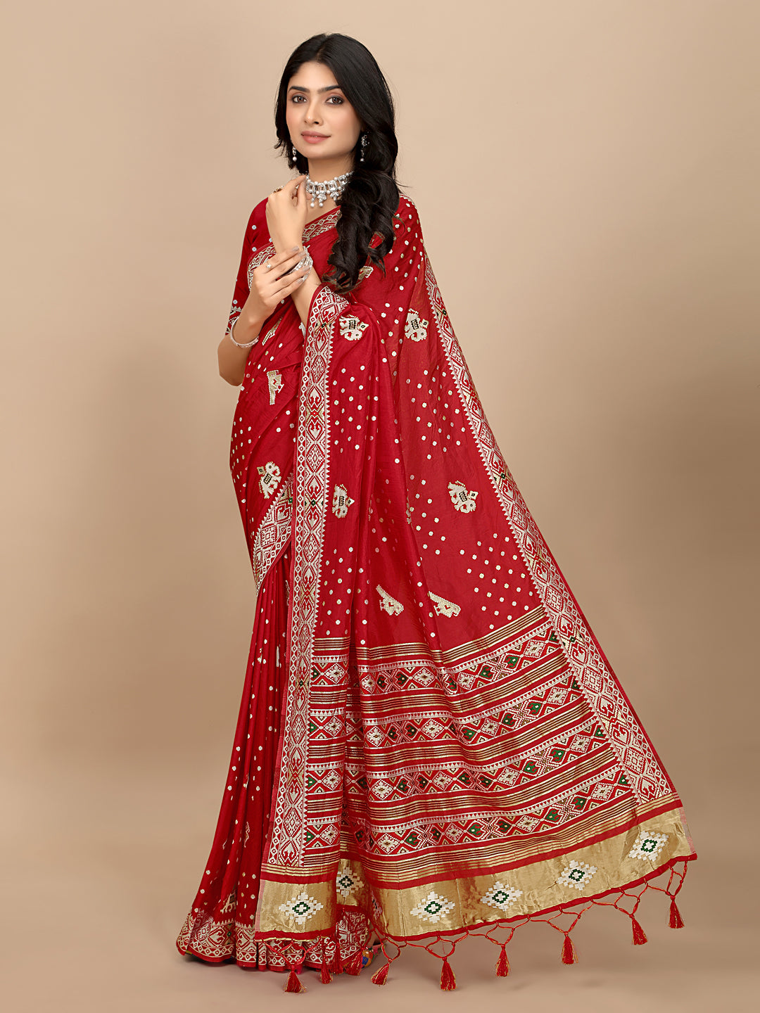 Patola Print Cotton Silk Saree with Tassel Border Pallu