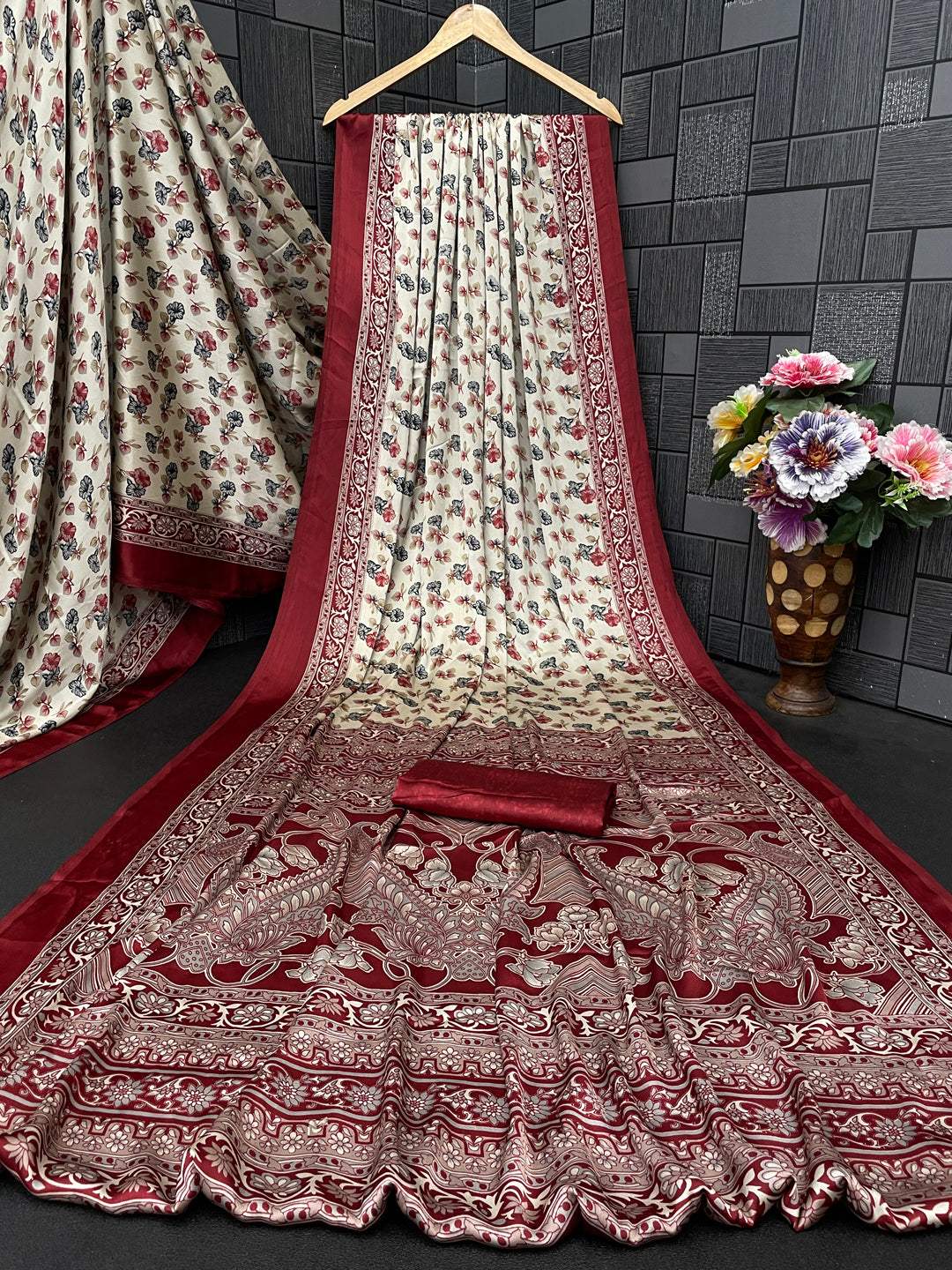Satin Silk Saree with Floral & Paisley Prints