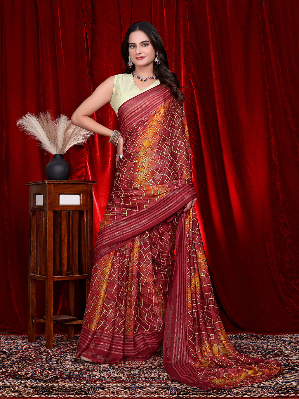 Heavy Chiffon Color Block Printed Ready-to-Wear Saree