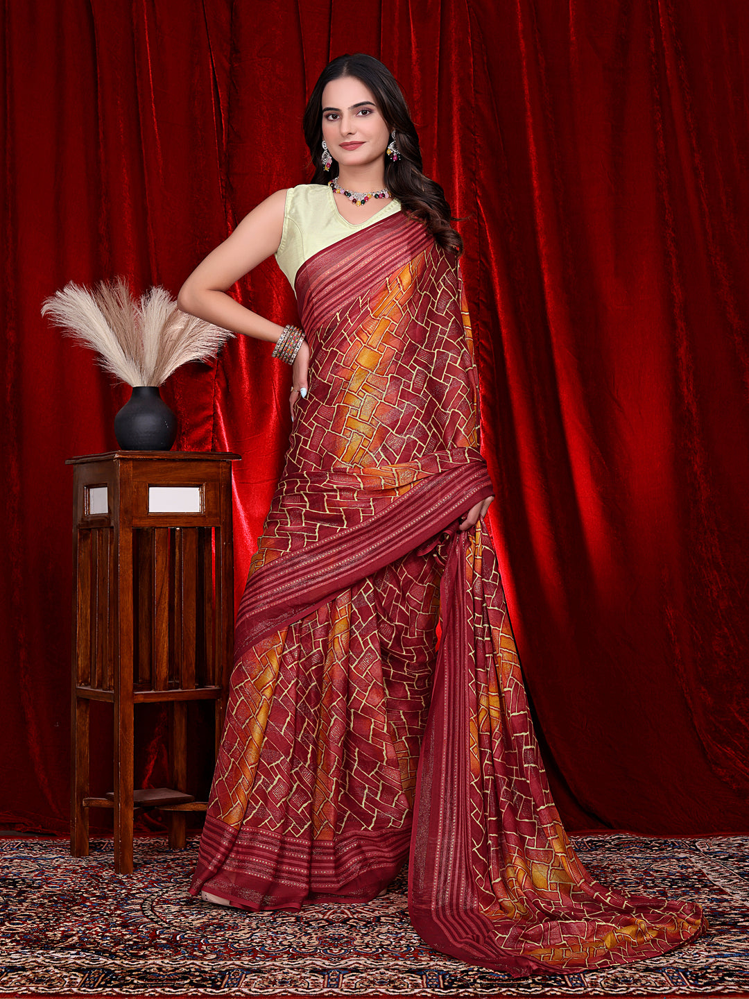 Heavy Chiffon Color Block Printed Ready-to-Wear Saree