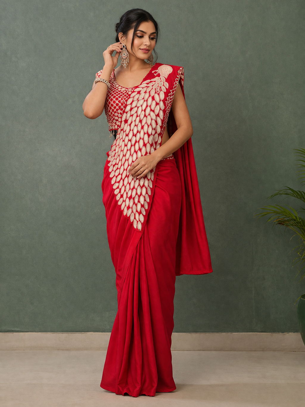 Ready to Wear Silk Crepe Saree with Heavy Embroidery Sequence Work Stitched Blouse