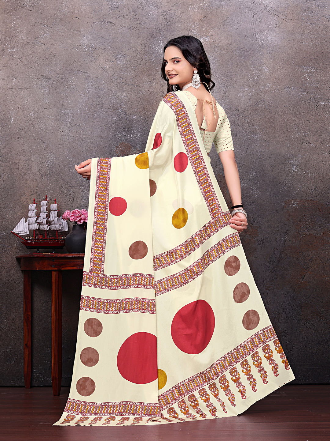 Crepe Silk Casual Wear Cream Color  Saree