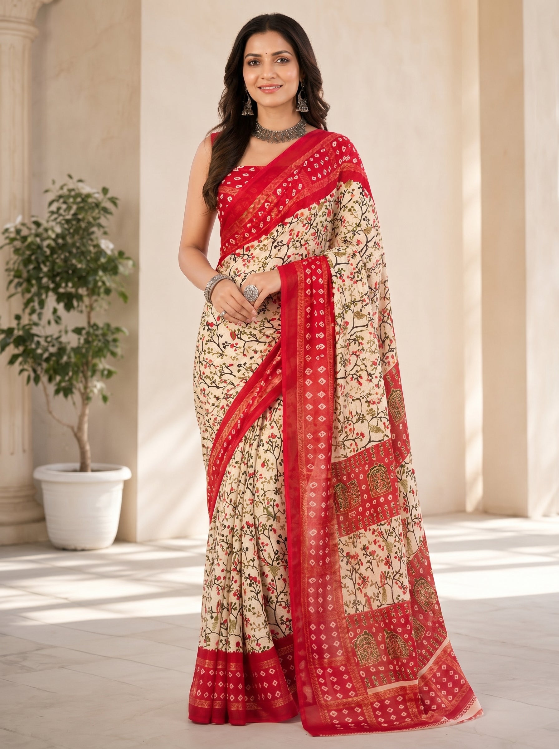 Women Printed Moss Chiffon Saree with Zari Border